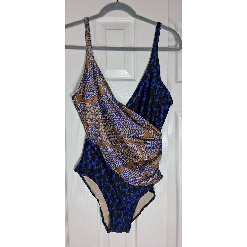 Vintage gottex womens 42 size 10 usa cobalt blue snake print one piece swimsuit